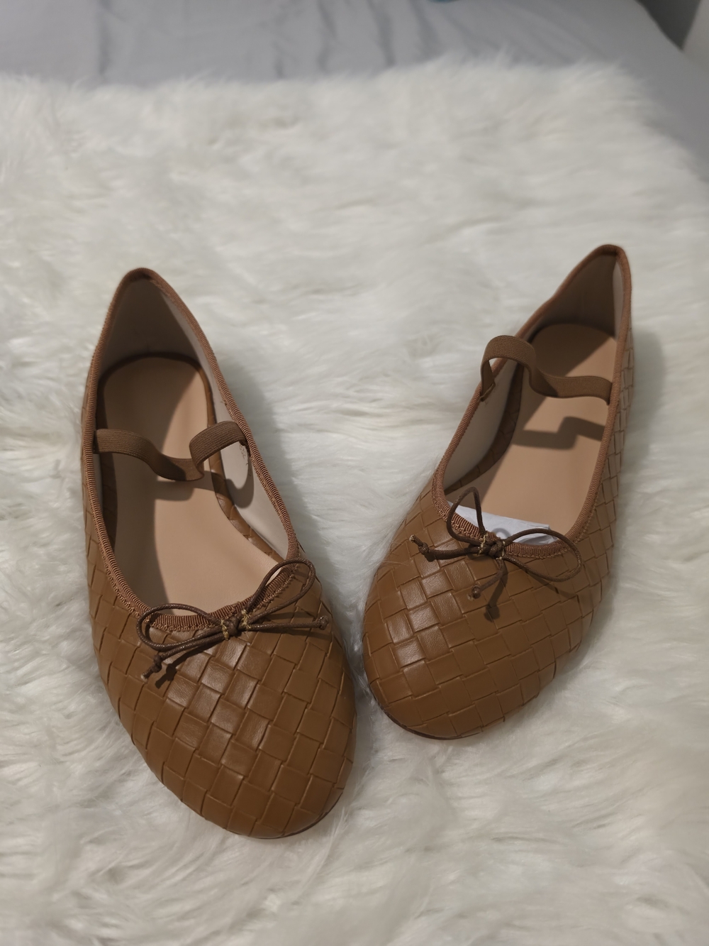Woven Tan Ballet Flats with Bow Detail
